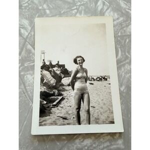 Vintage Snapshot Woman in 1930s 1940s Swimsuit Beach Scene Velox Photo Print